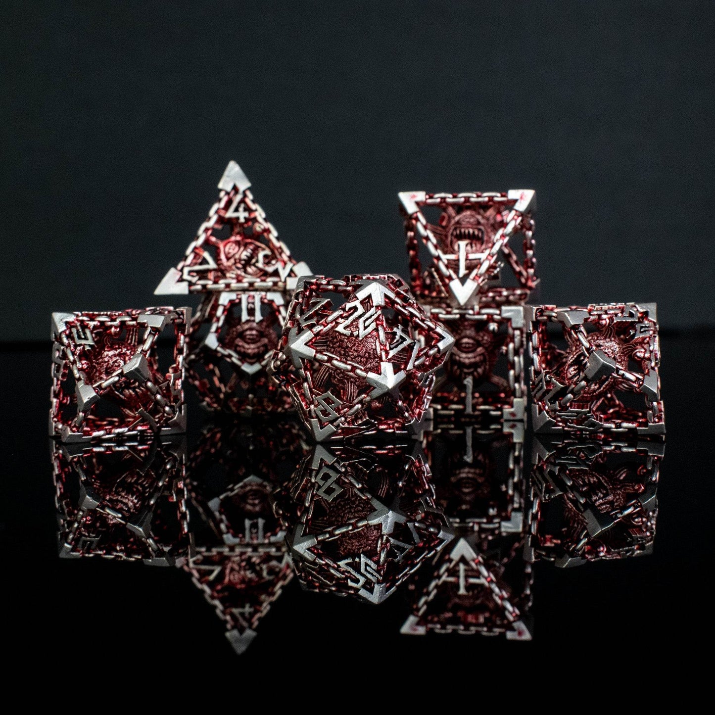 Beholder's Gates Hollow Metal Dice Set - Red and Silver - 