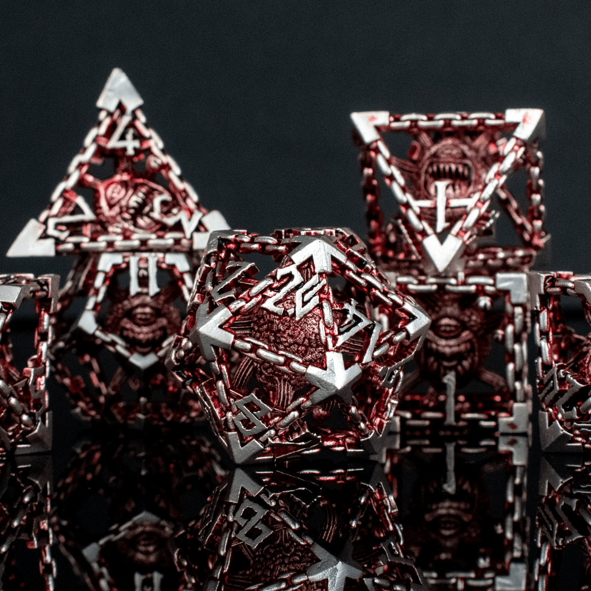 Beholder's Gates Hollow Metal Dice Set - Red and Silver - 