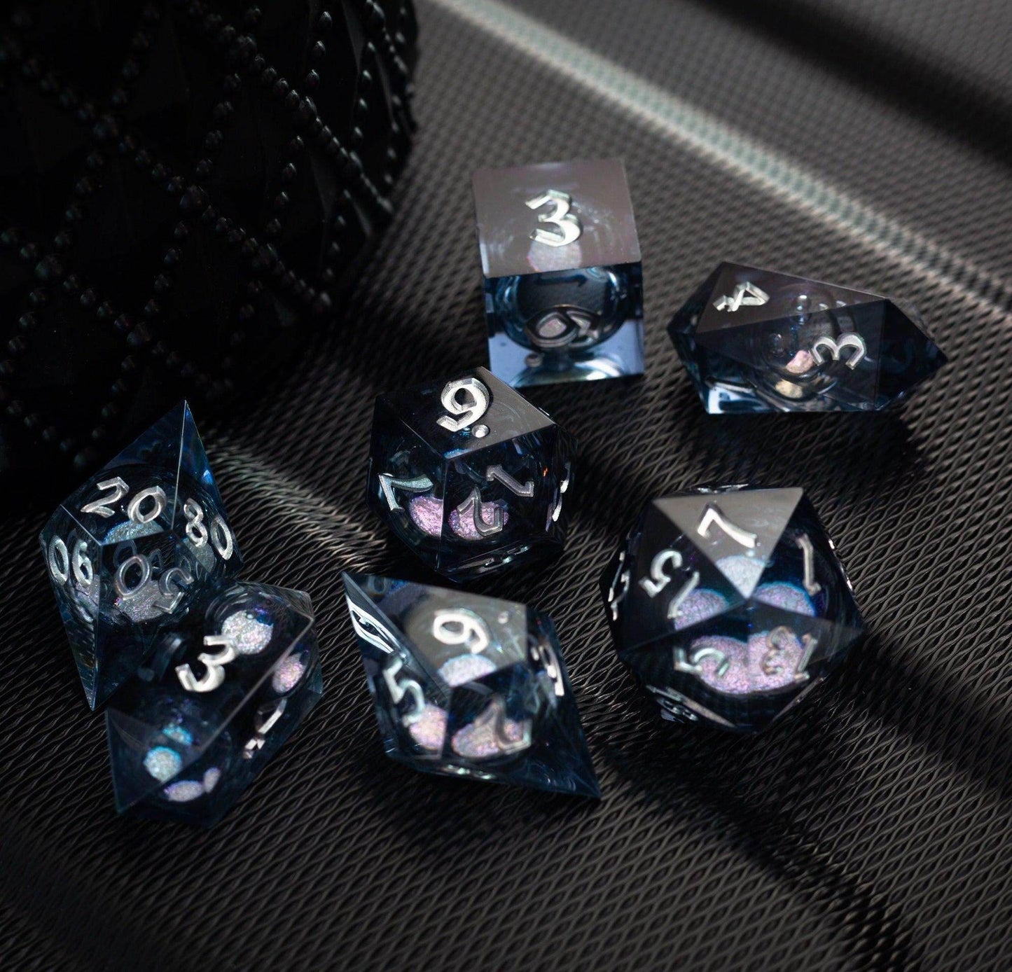 Black And Silver Glitter Liquid Core Handmade Resin DND Dice Set - 1 D20 (Not Full Set)