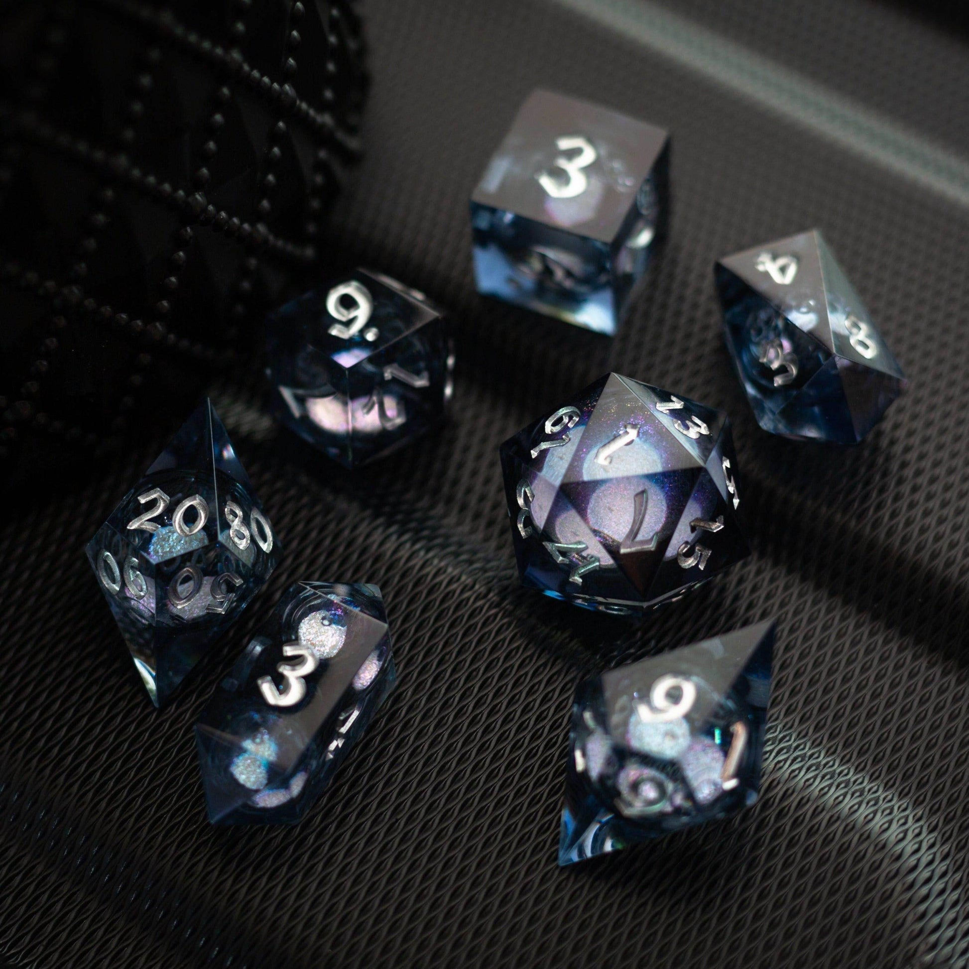 Black And Silver Glitter Liquid Core Handmade Resin DND Dice Set - 1 D20 (Not Full Set)