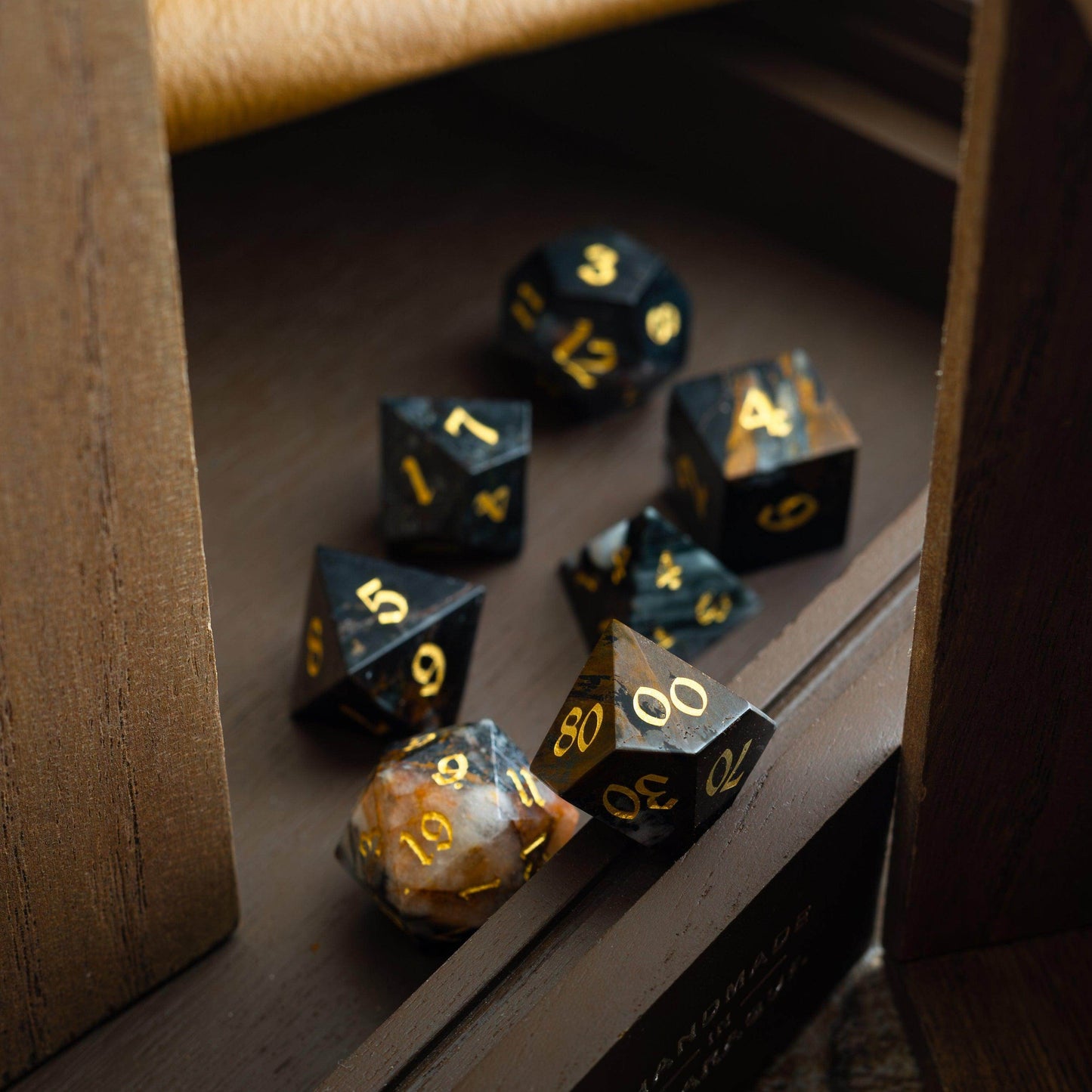 Black Gemstone Eagle Eye Hand Carved DND Dice Set - Full Set And Free Dice Box
