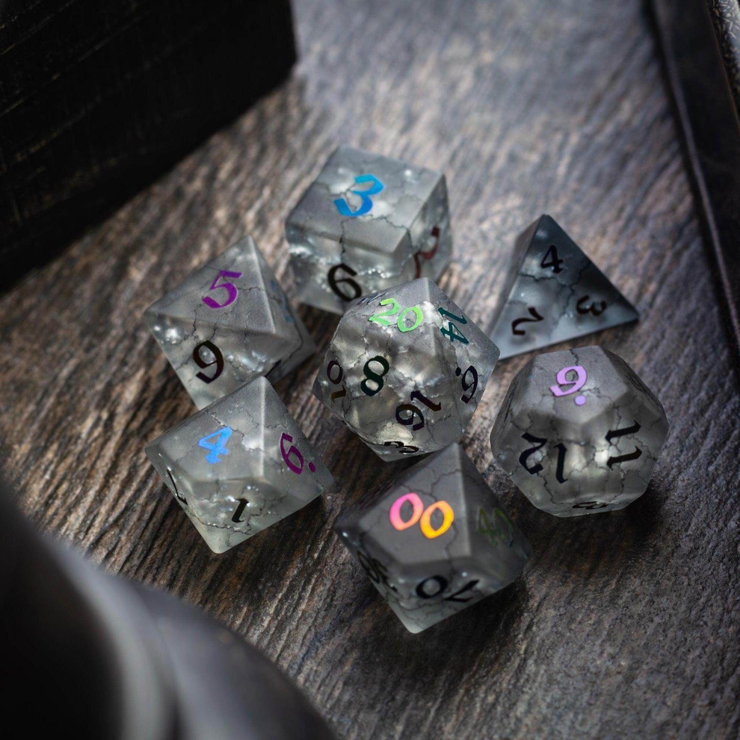Black Inked Lightning Cracked Glass DND Dice Set - Full Set and Free Dice Box