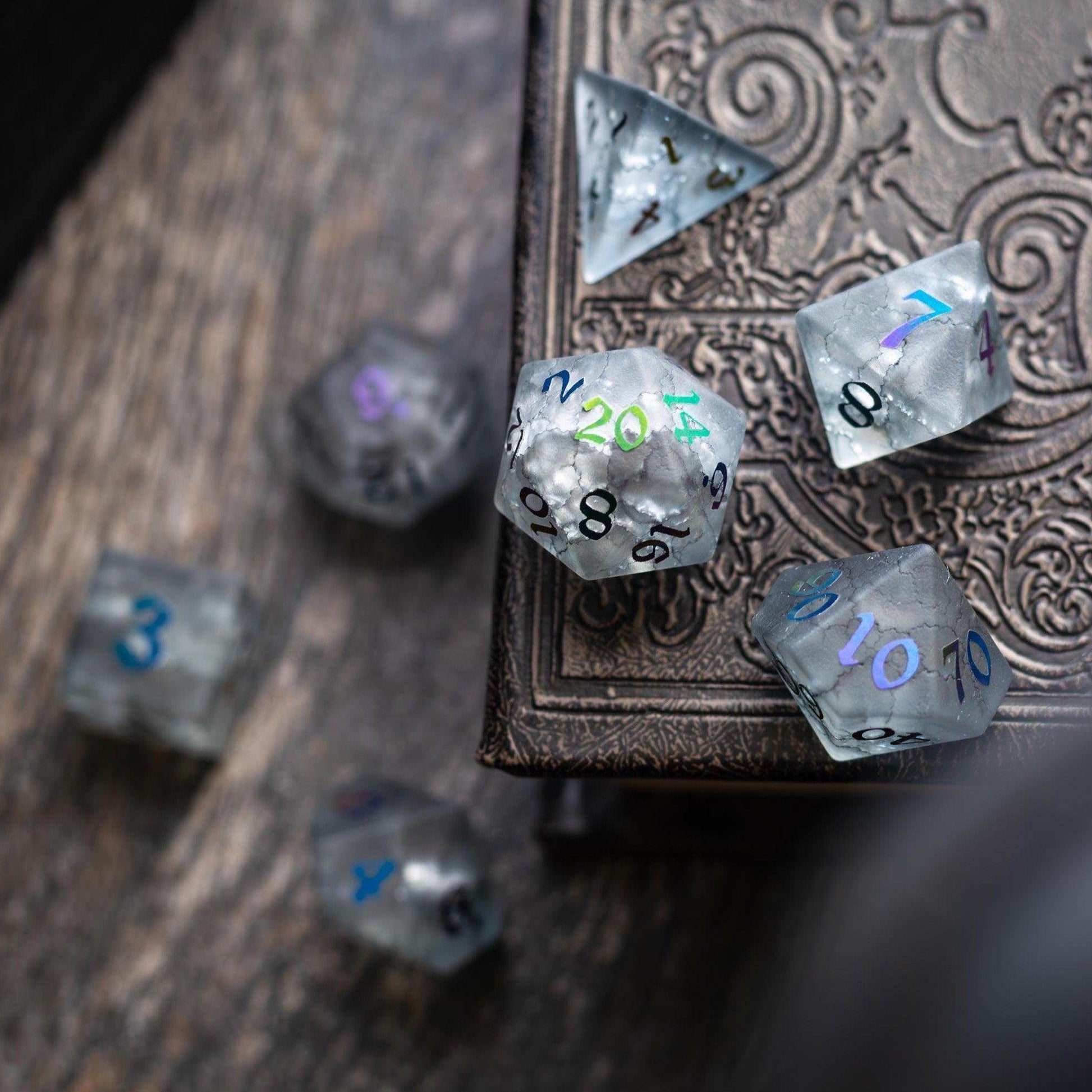 Black Inked Lightning Cracked Glass DND Dice Set - Full Set and Free Dice Box