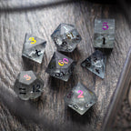 Black Inked Lightning Cracked Glass DND Dice Set - Full Set and Free Dice Box