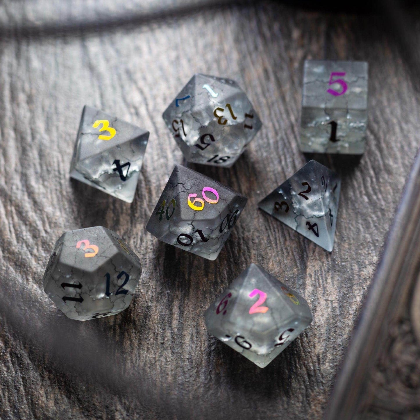 Black Inked Lightning Cracked Glass DND Dice Set - Full Set and Free Dice Box