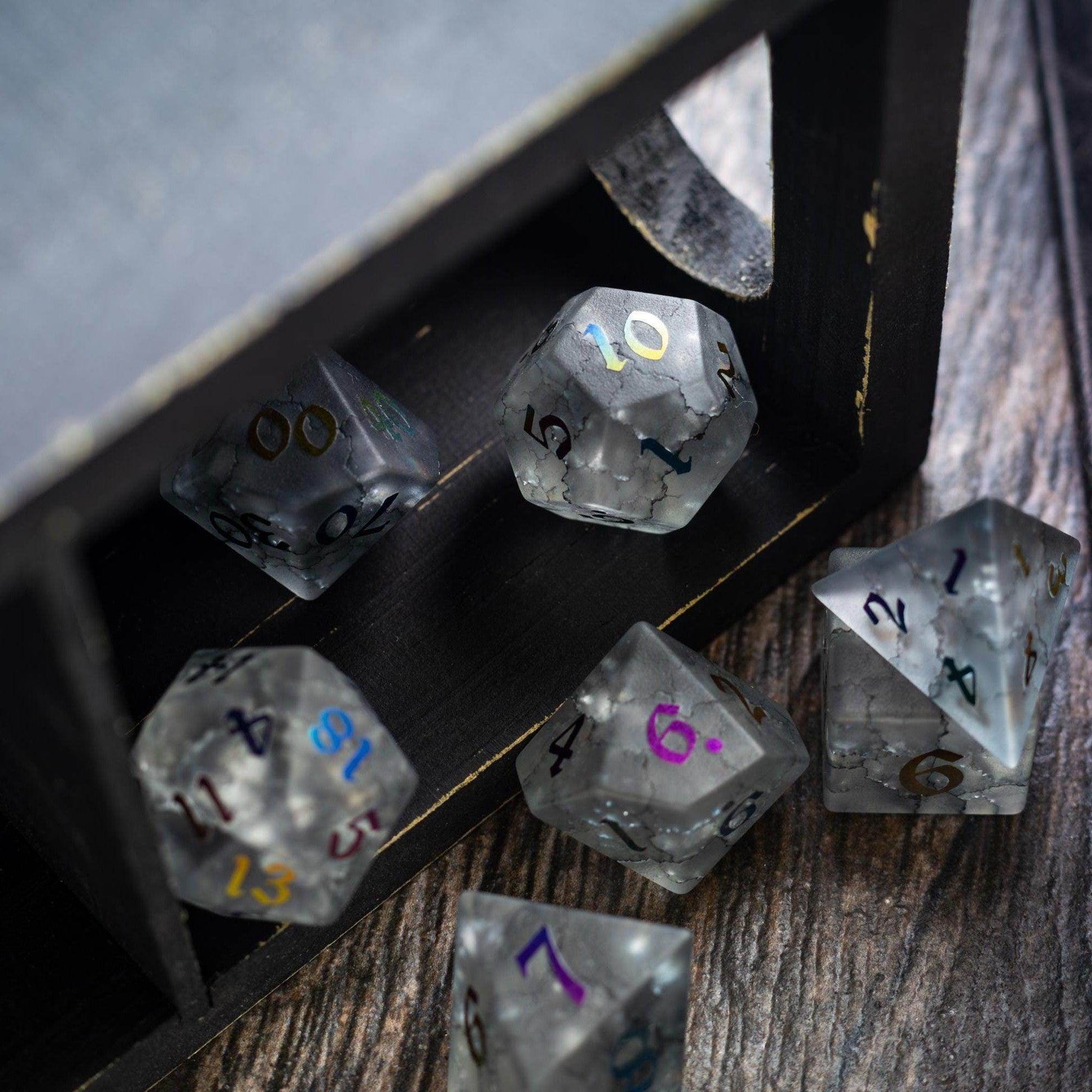 Black Inked Lightning Cracked Glass DND Dice Set - Full Set and Free Dice Box