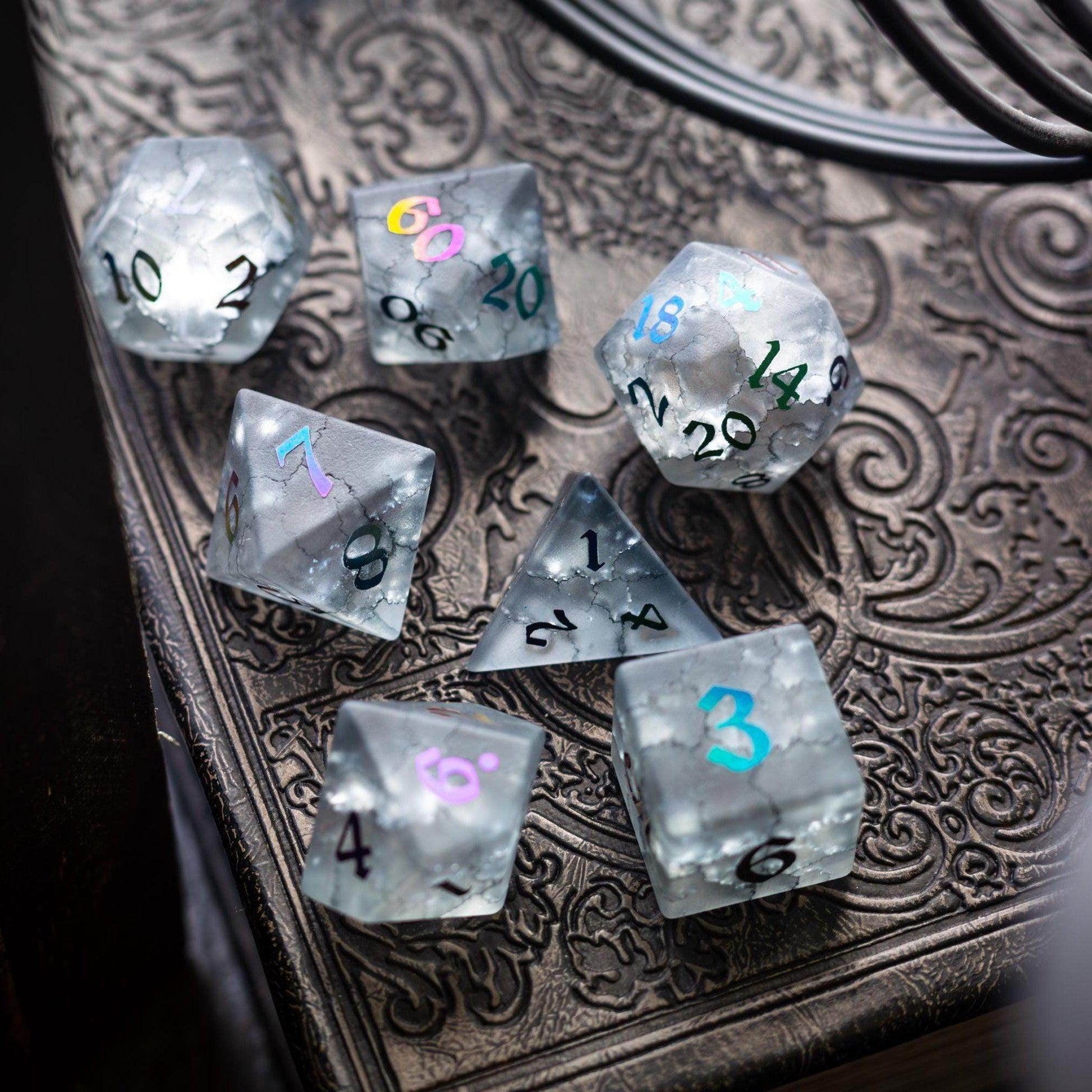 Black Inked Lightning Cracked Glass DND Dice Set - Full Set and Free Dice Box