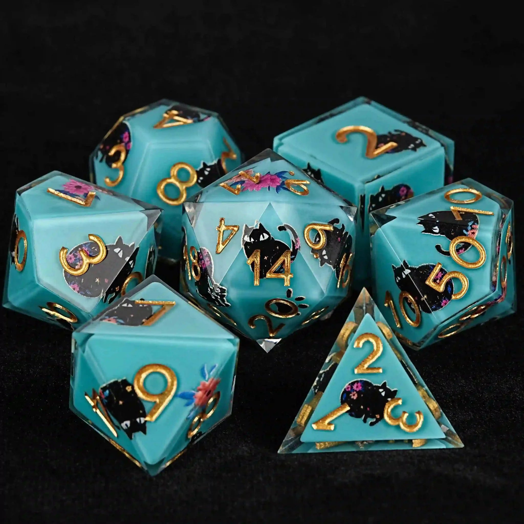 Handmade unique dice sets: Egyptian Pharaoh's black cat flower resin edge sharp dnd dice + gold font
