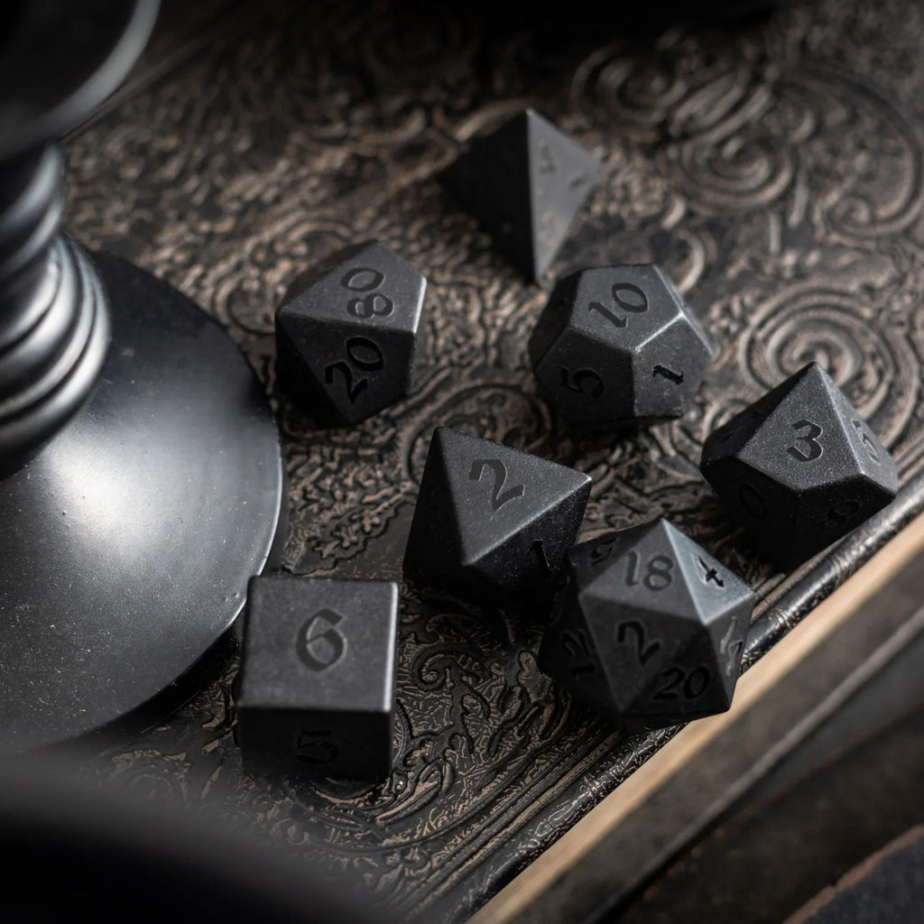 Gemstone Black Night Raised Obsidian Hand Carved DND Dice Set