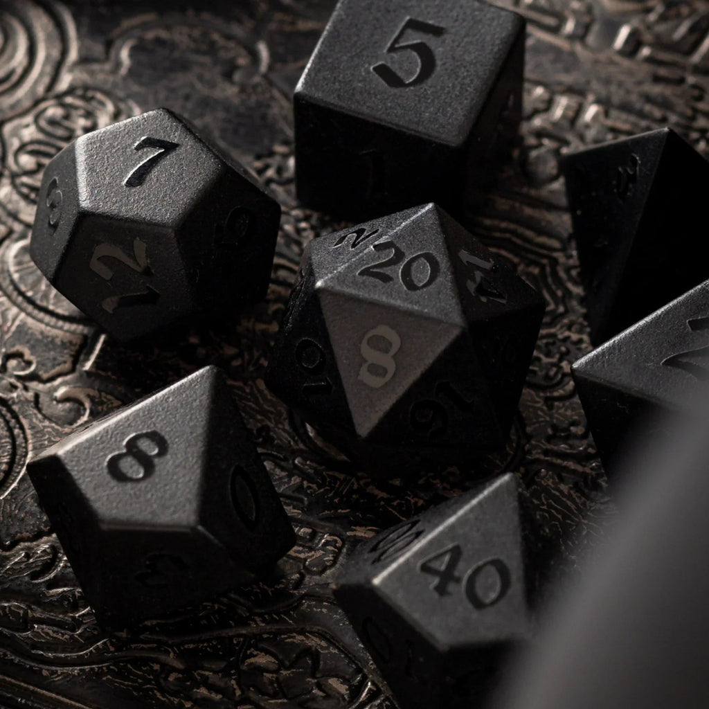 Gemstone Black Night Raised Obsidian Hand Carved DND Dice Set