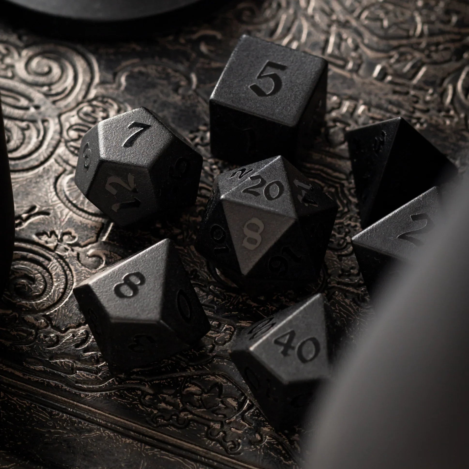 Gemstone Black Night Raised Obsidian Hand Carved DND Dice Set