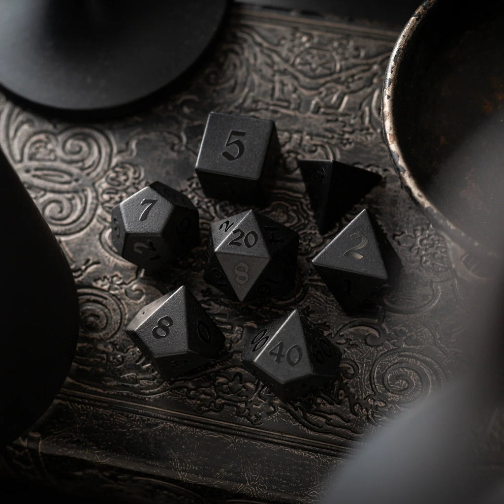 Gemstone Black Night Raised Obsidian Hand Carved DND Dice Set