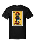 El Travieso Chucky Childs Play Loteria Mexican Bingo Style Graphic Tee Shirt