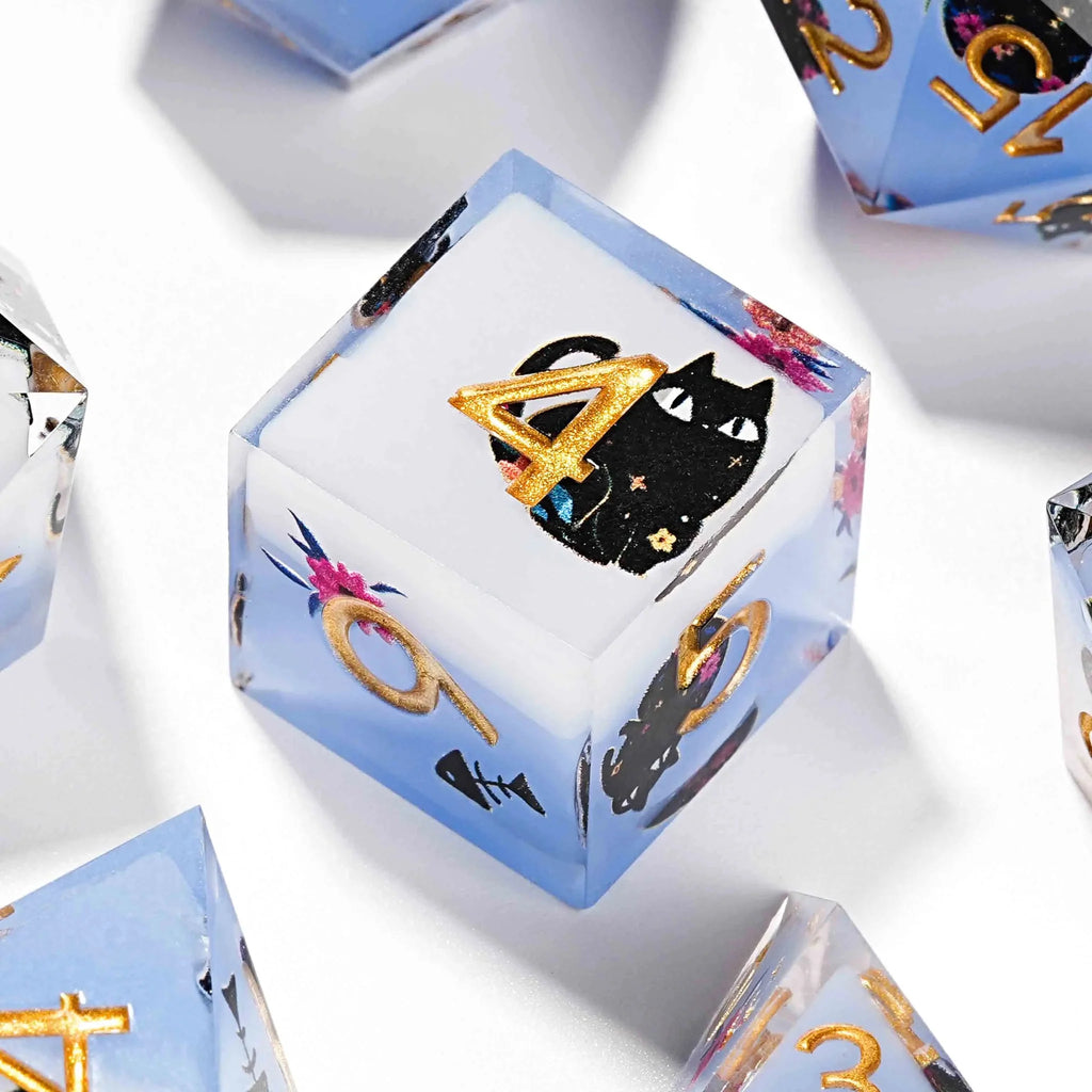 Handmade unique dice sets: Egyptian Pharaoh's black cat flower resin edge sharp dnd dice + gold font