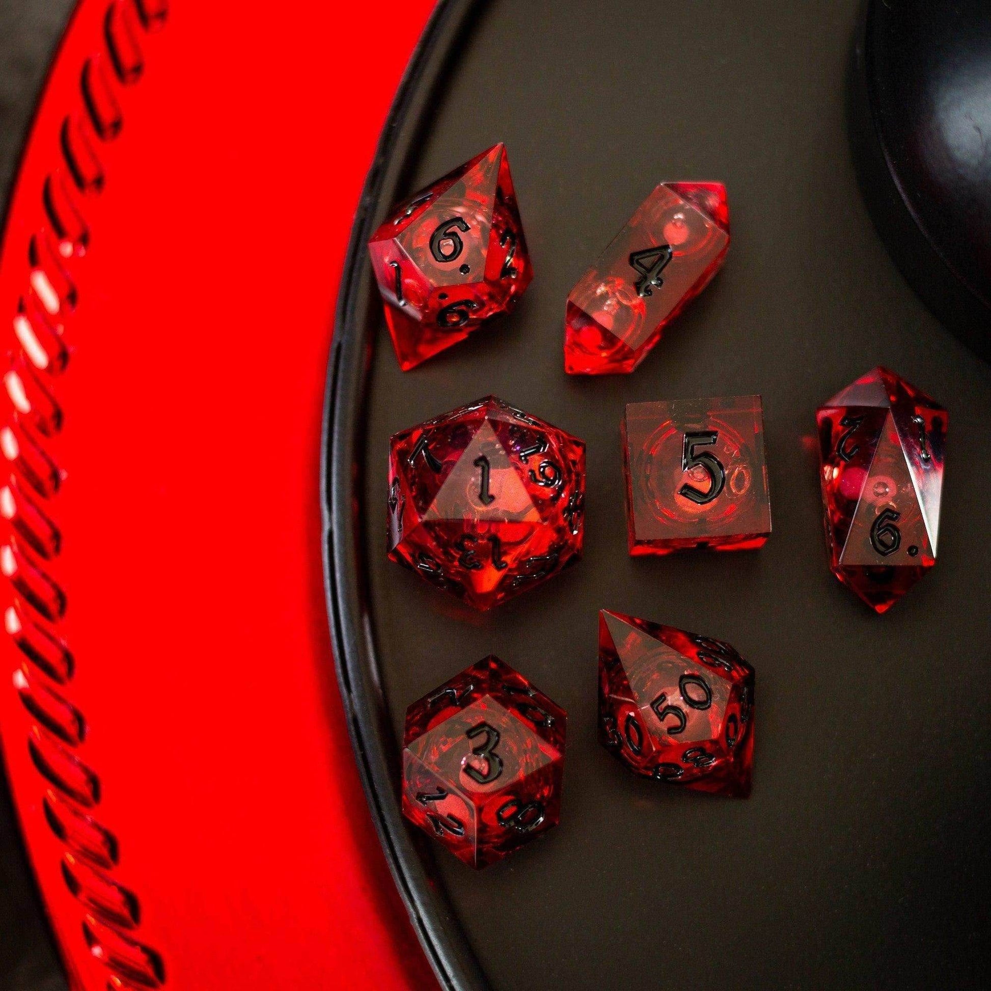 Blood Red Glitter Liquid Core Handmade Resin DND Dice Set - Full Set And Free Dice Box