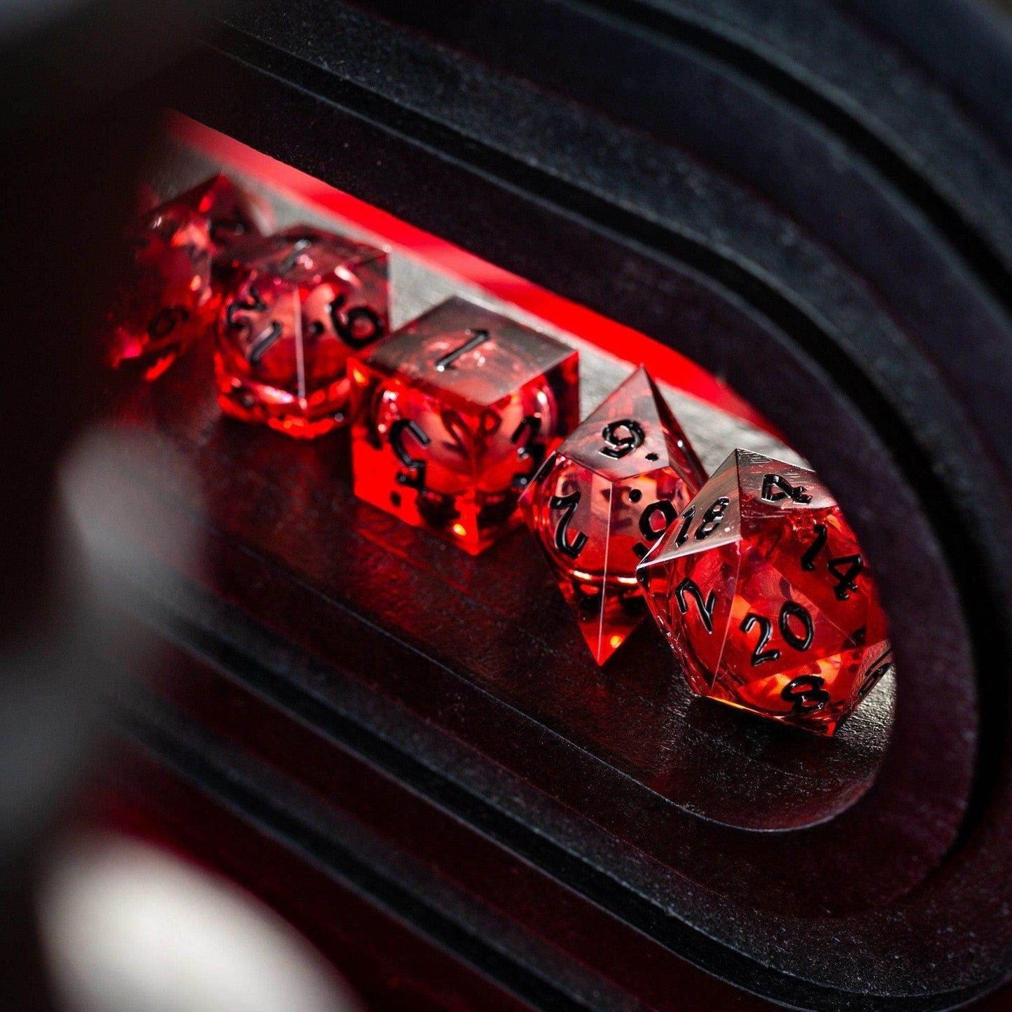 Blood Red Glitter Liquid Core Handmade Resin DND Dice Set - Full Set And Free Dice Box