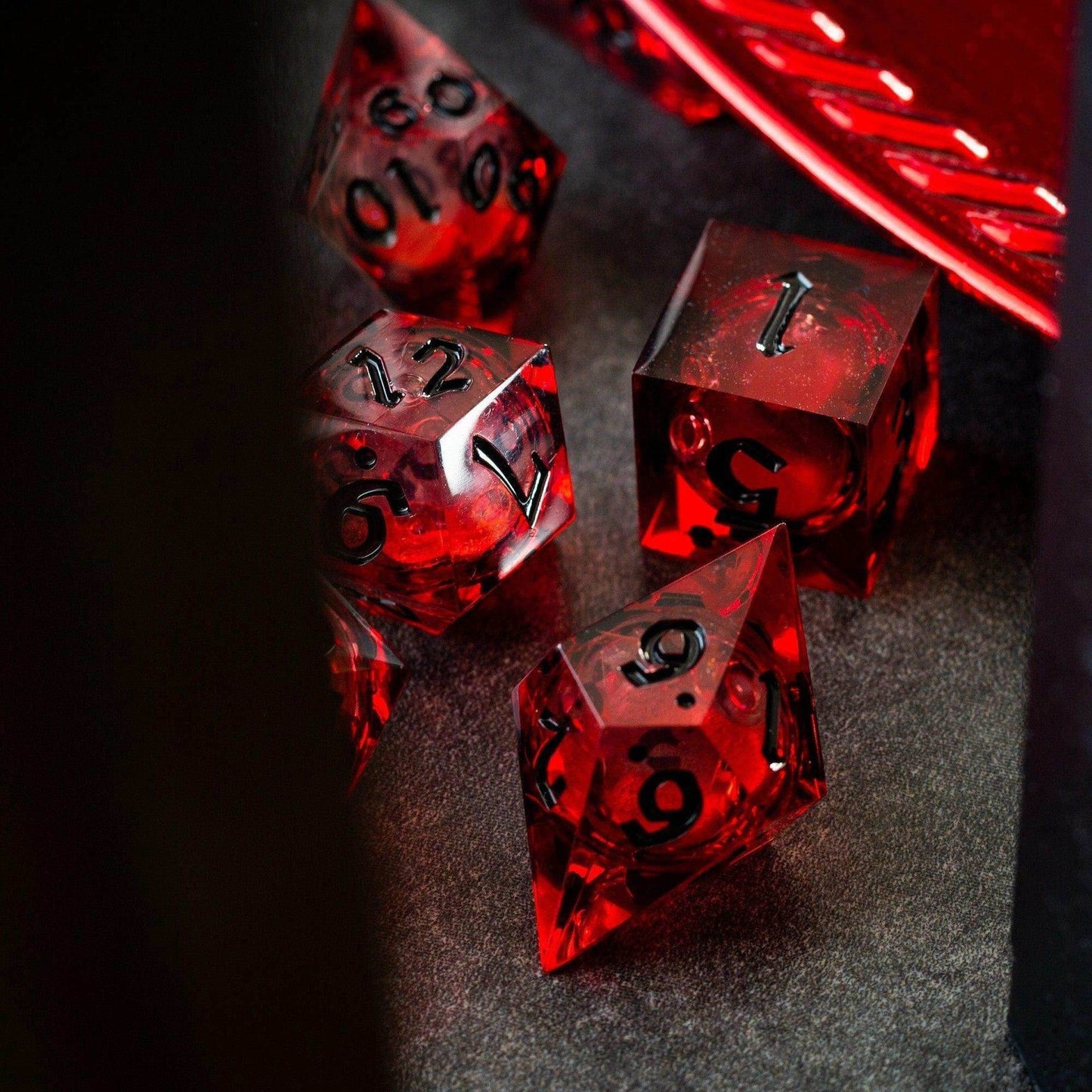 Blood Red Glitter Liquid Core Handmade Resin DND Dice Set - Full Set And Free Dice Box