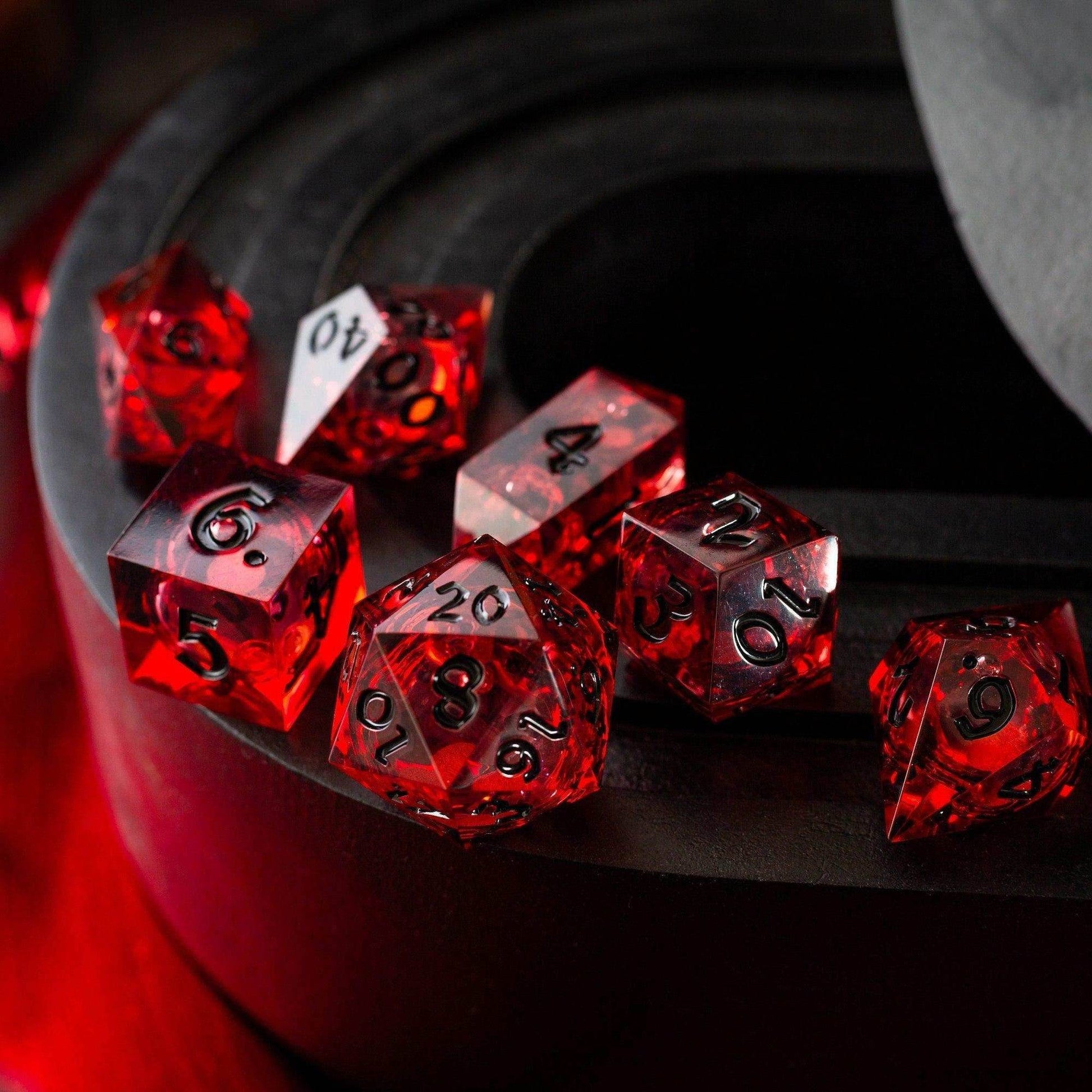 Blood Red Glitter Liquid Core Handmade Resin DND Dice Set - Full Set And Free Dice Box