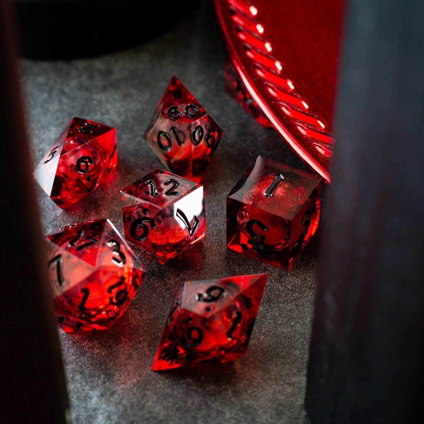 Blood Red Glitter Liquid Core Handmade Resin DND Dice Set - Full Set And Free Dice Box