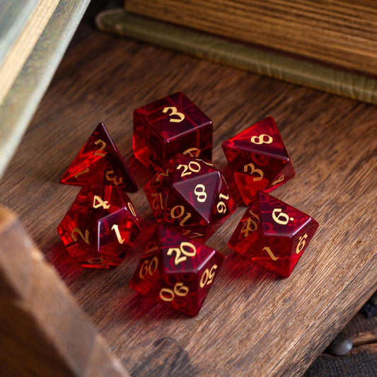 Blood Red Hand Carved Zircon Glass DND Dice Set - Full Set and Free Dice Box