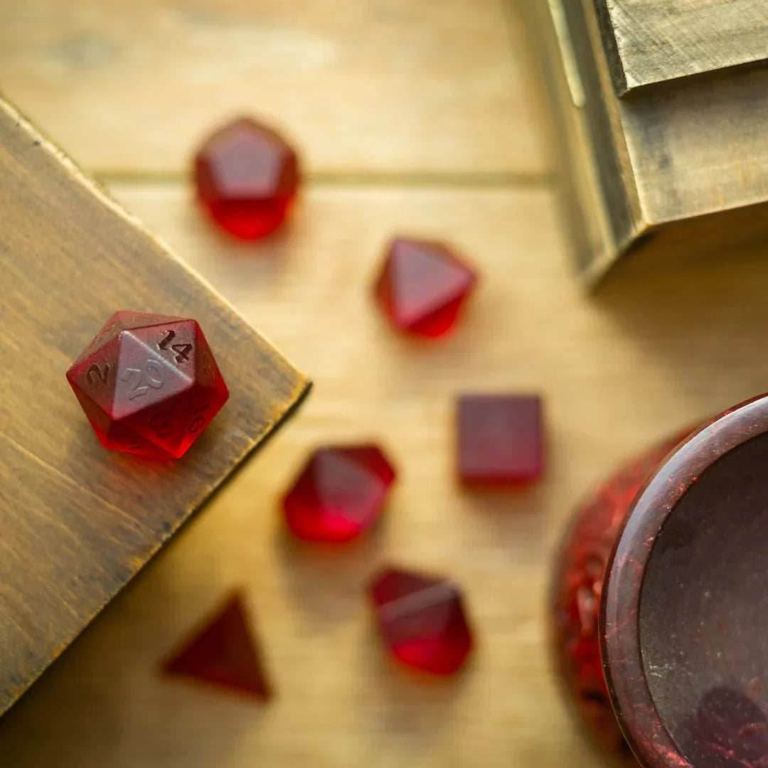 Blood Red Raised Zircon Glass Hand Carved DND Dice Set - Full Set And Free Dice Box