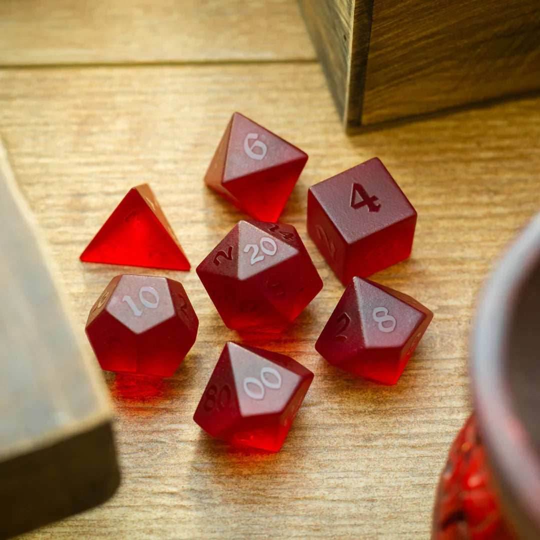 Blood Red Raised Zircon Glass Hand Carved DND Dice Set - Full Set And Free Dice Box