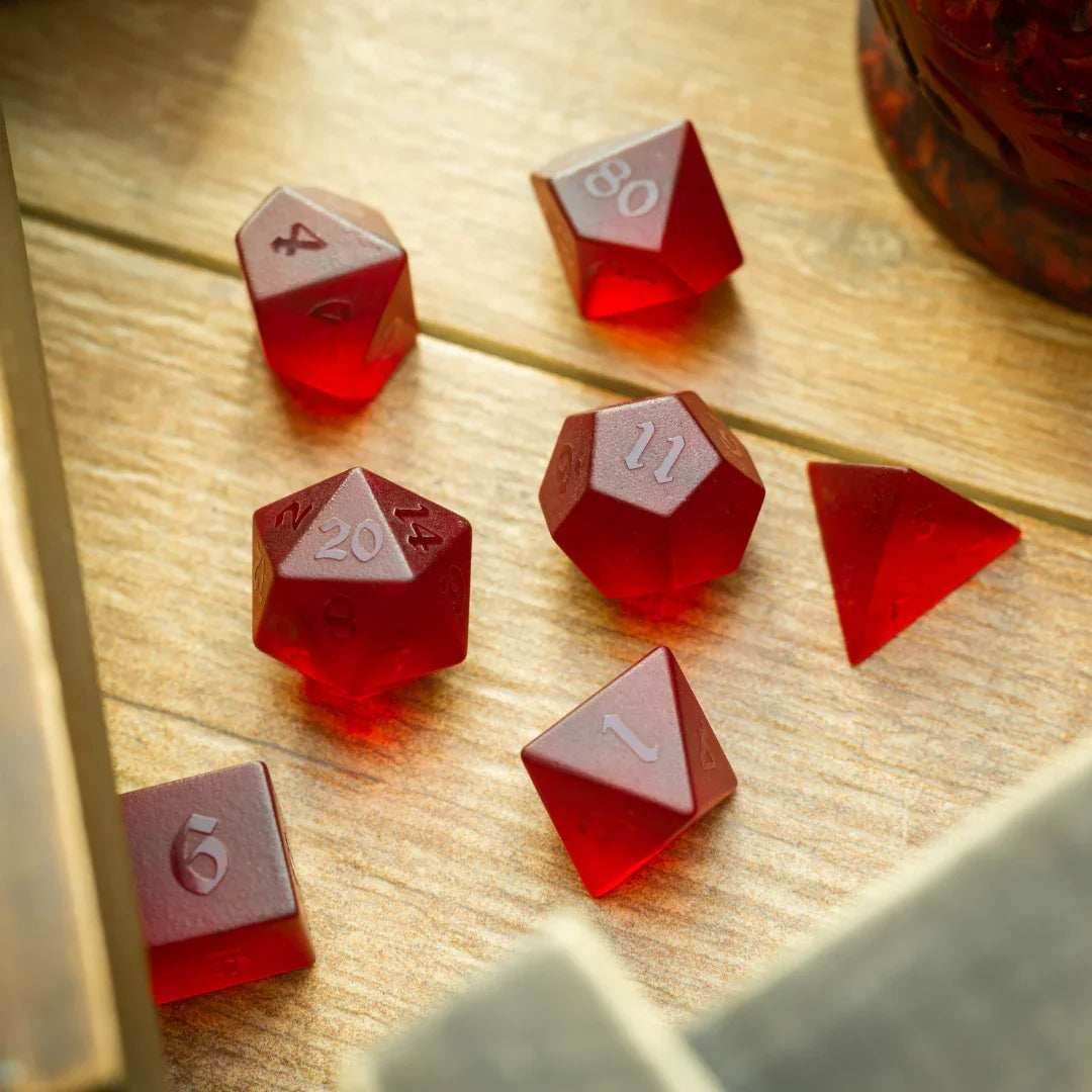 Blood Red Raised Zircon Glass Hand Carved DND Dice Set - Full Set And Free Dice Box