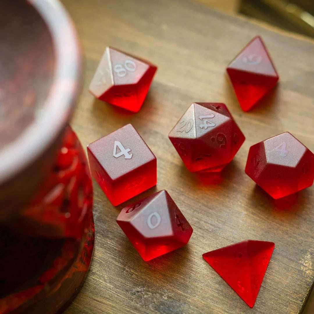 Blood Red Raised Zircon Glass Hand Carved DND Dice Set - Full Set And Free Dice Box