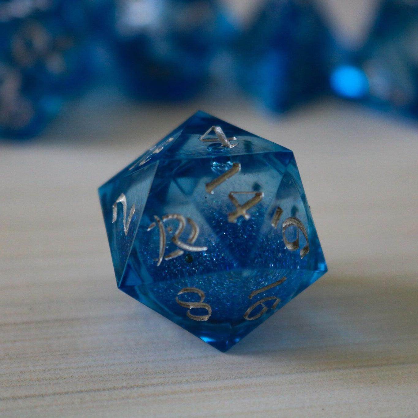Blue Glitter Liquid Core Sharp Edge Handmade Resin DND Dice Set - 1 D20 (Not Full Set)
