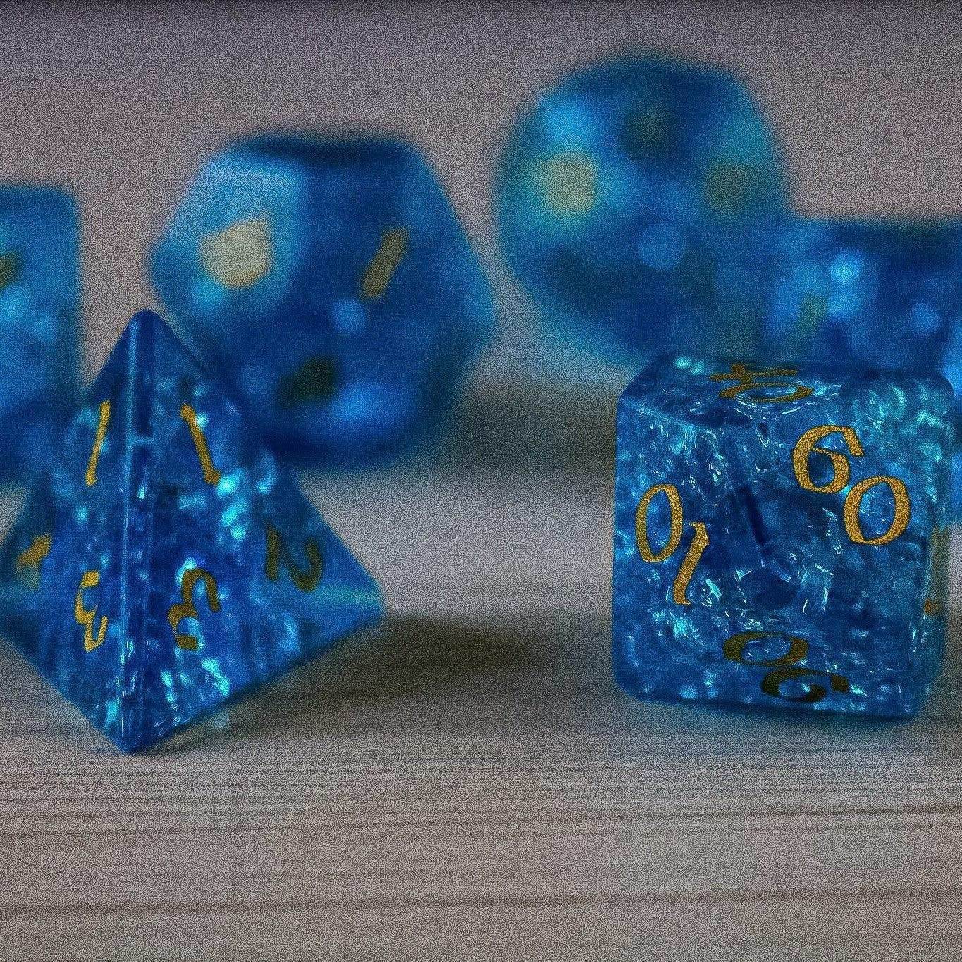 Blue Lightning Glass Cracked Glass DND Dice Set - Full Set and Free Dice Box