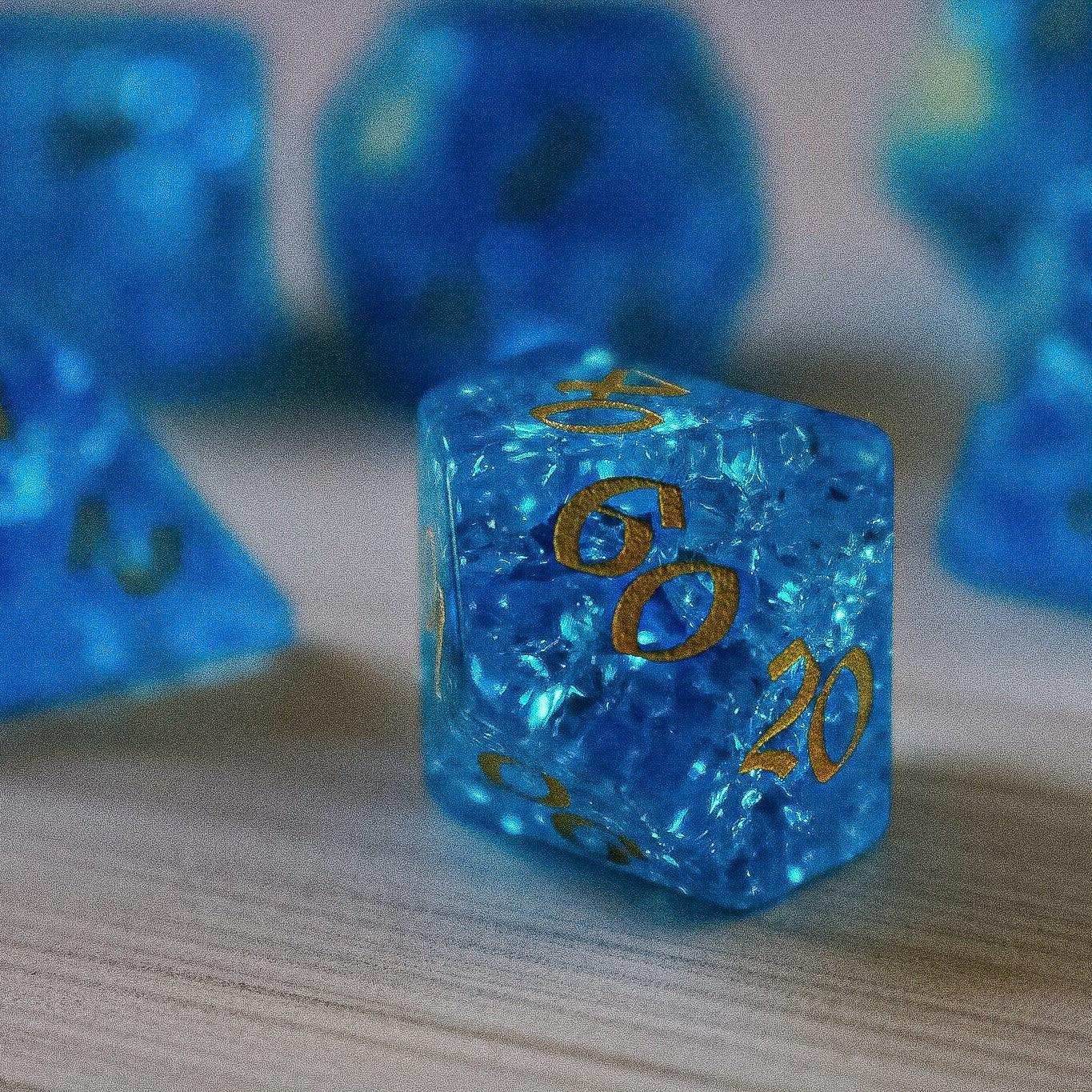 Blue Lightning Glass Cracked Glass DND Dice Set - Full Set and Free Dice Box