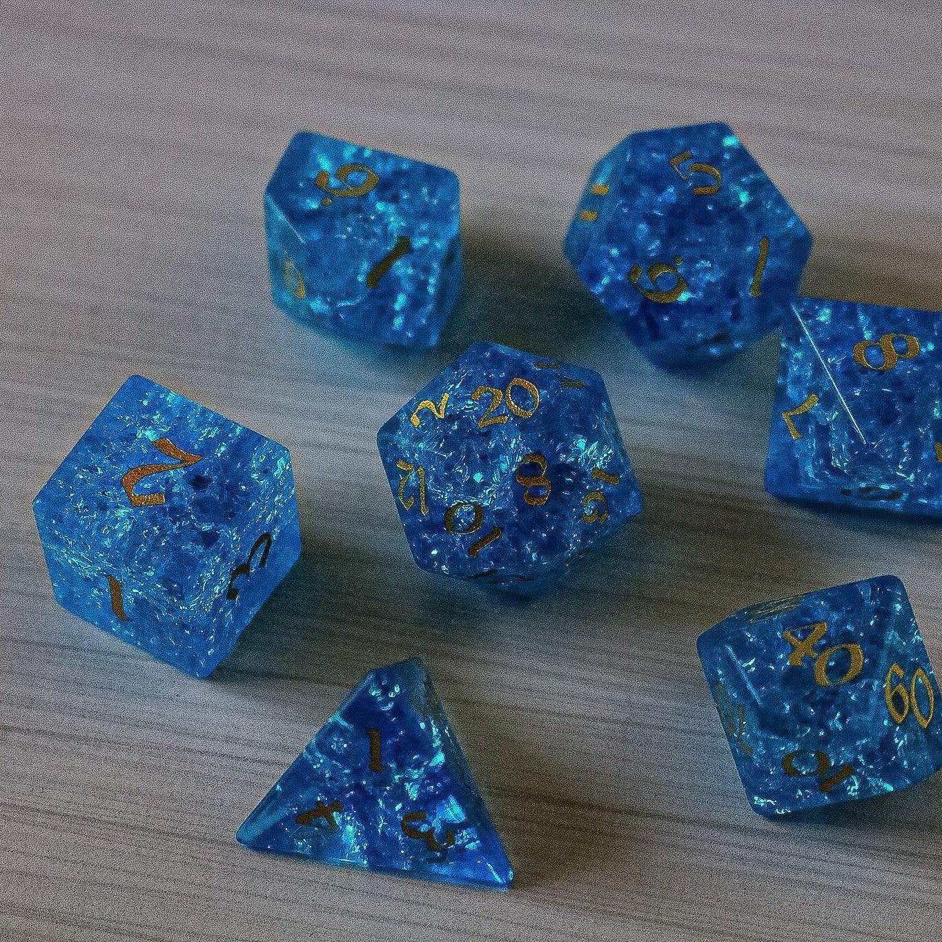 Blue Lightning Glass Cracked Glass DND Dice Set - Full Set and Free Dice Box