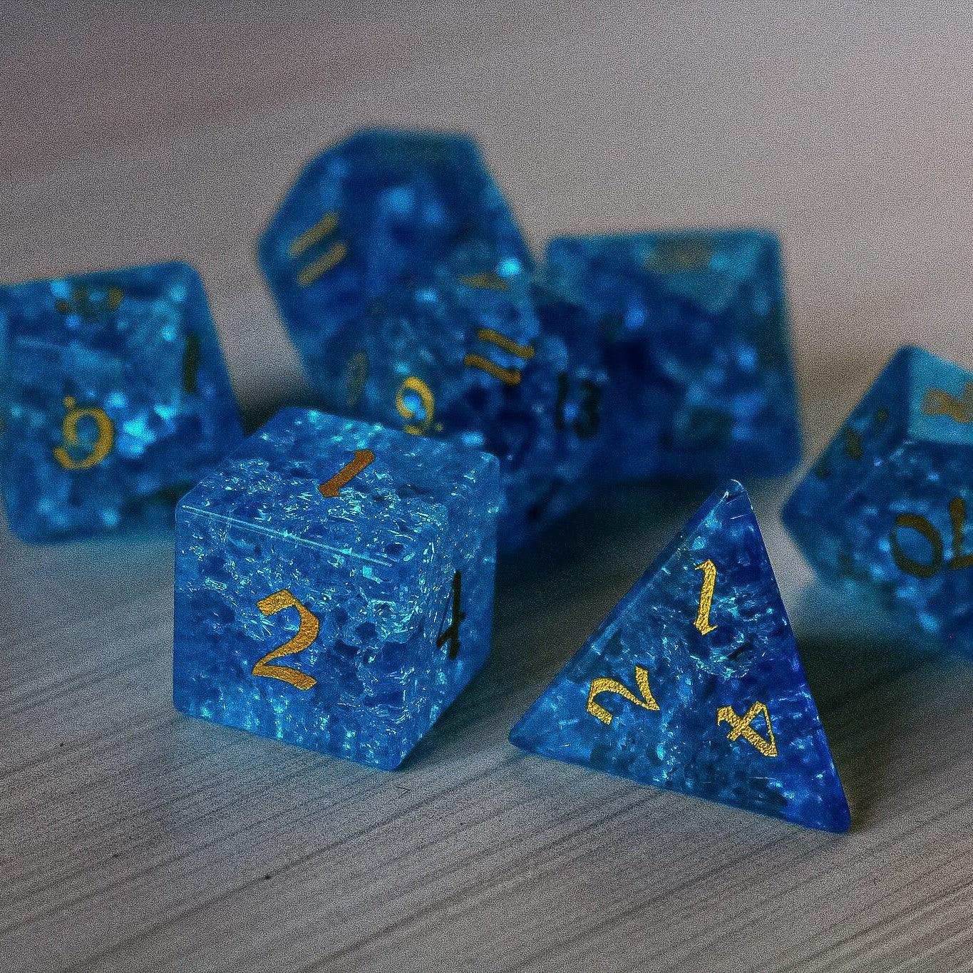 Blue Lightning Glass Cracked Glass DND Dice Set - Full Set and Free Dice Box