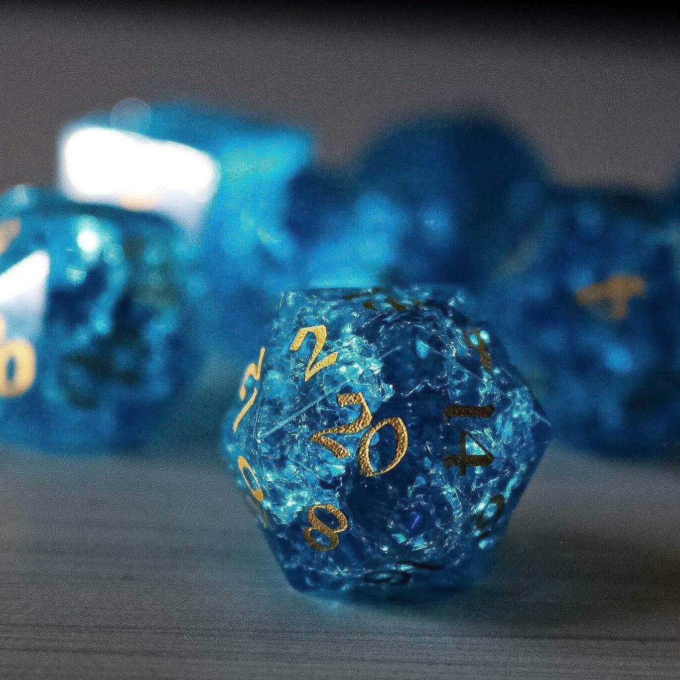 Blue Lightning Glass Cracked Glass DND Dice Set - Full Set and Free Dice Box