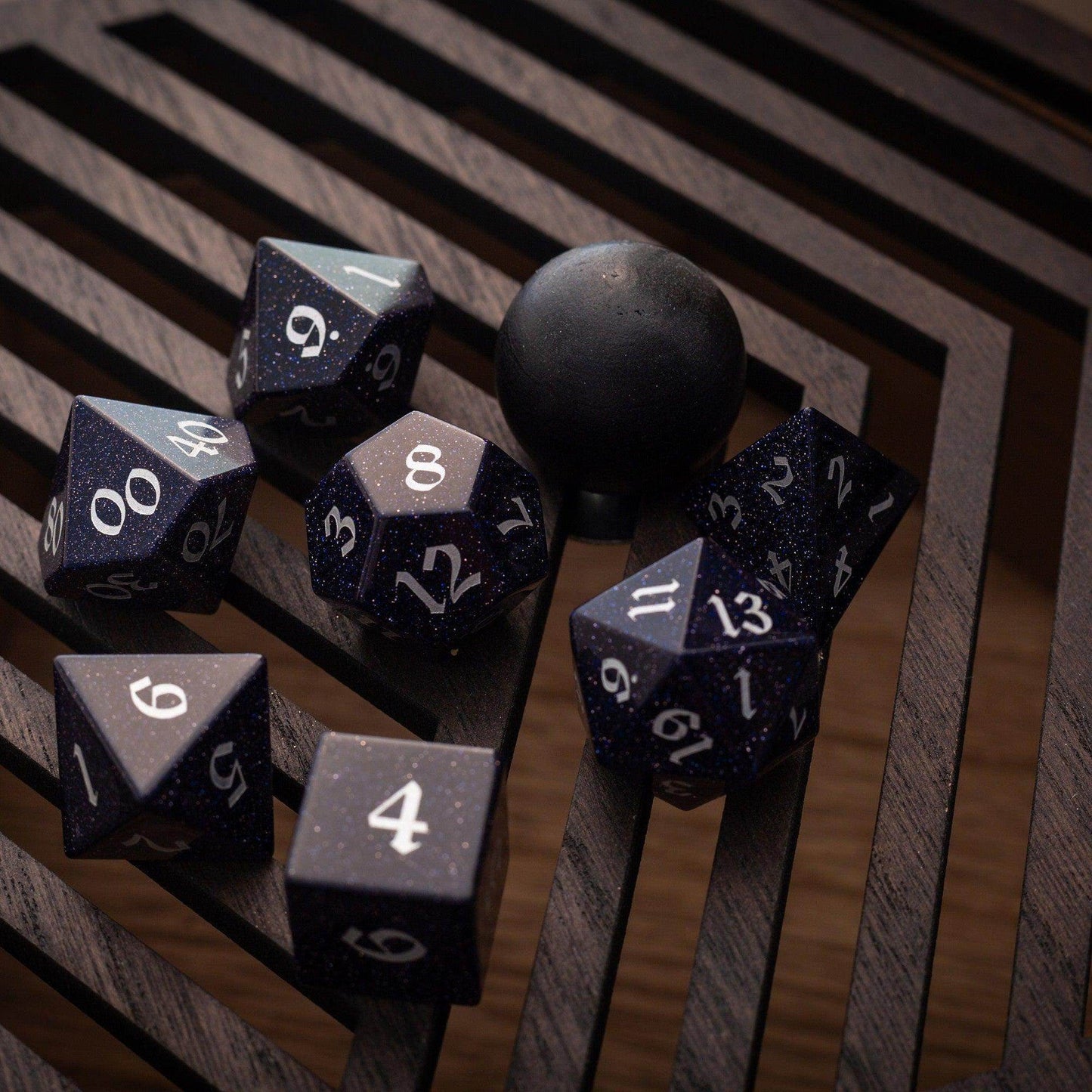 Blue Sandstone Silver Font Gemstone DND Dice Set - Full Set And Free Dice Box
