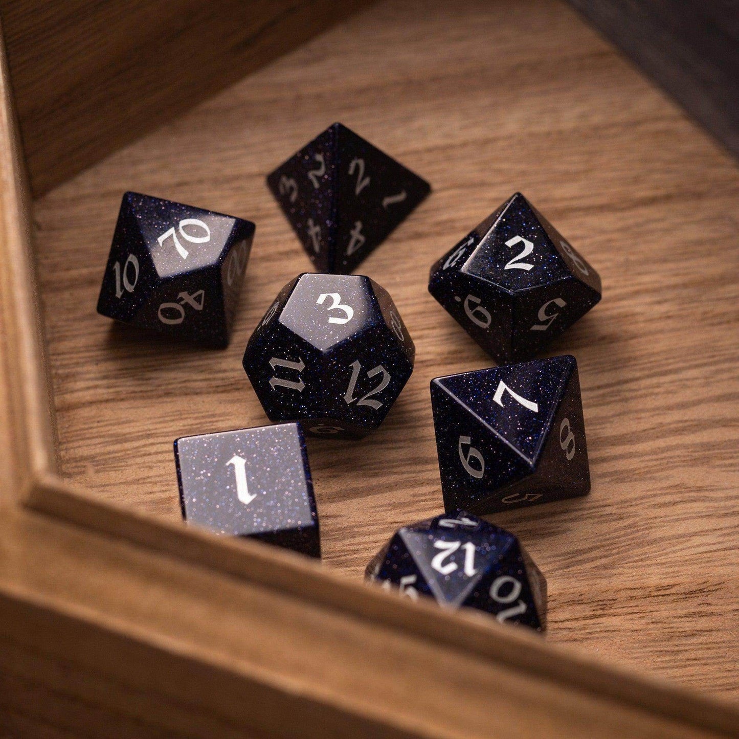 Blue Sandstone Silver Font Gemstone DND Dice Set - Full Set And Free Dice Box
