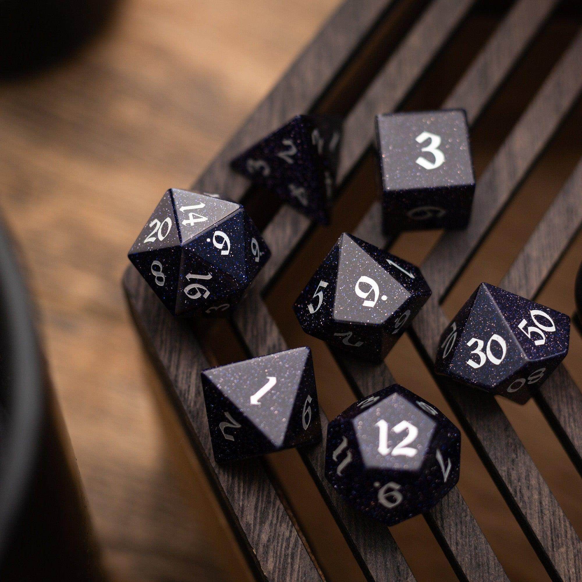Blue Sandstone Silver Font Gemstone DND Dice Set - Full Set And Free Dice Box