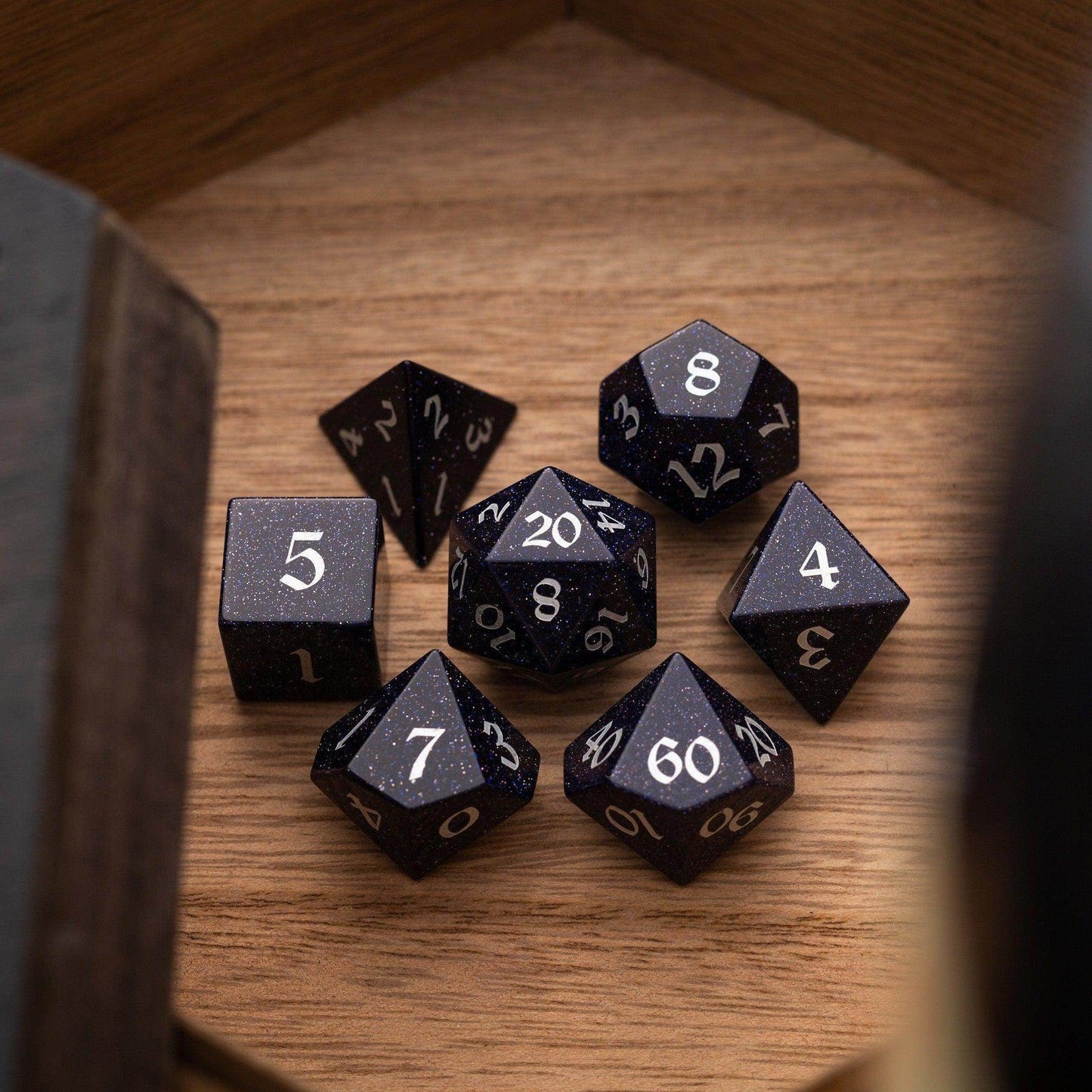 Blue Sandstone Silver Font Gemstone DND Dice Set - Full Set And Free Dice Box