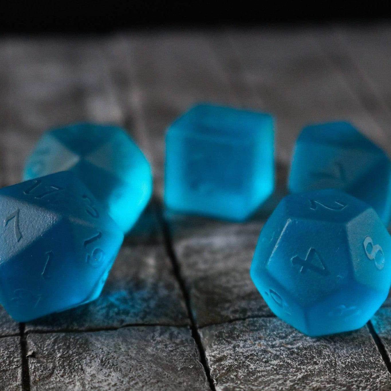 Blue Zircon Hand Carved Glass DND Dice Set - Full Set and Free Dice Box