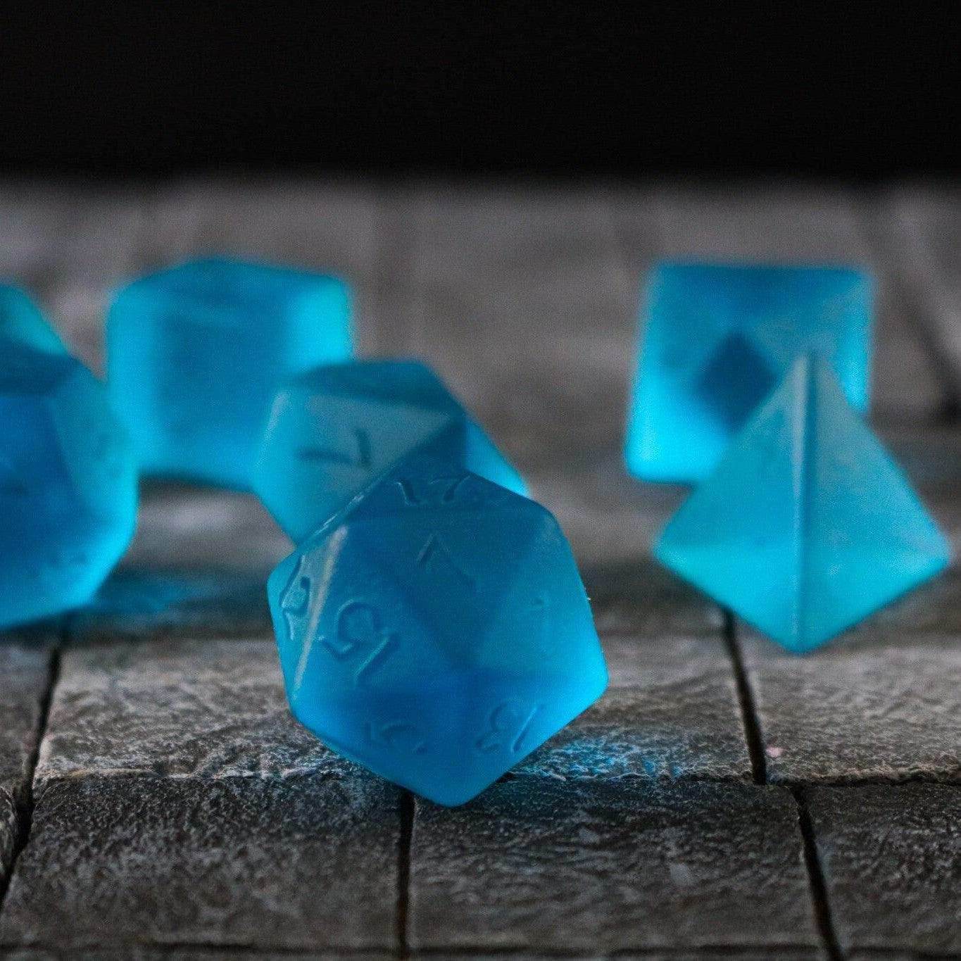 Blue Zircon Hand Carved Glass DND Dice Set - Full Set and Free Dice Box