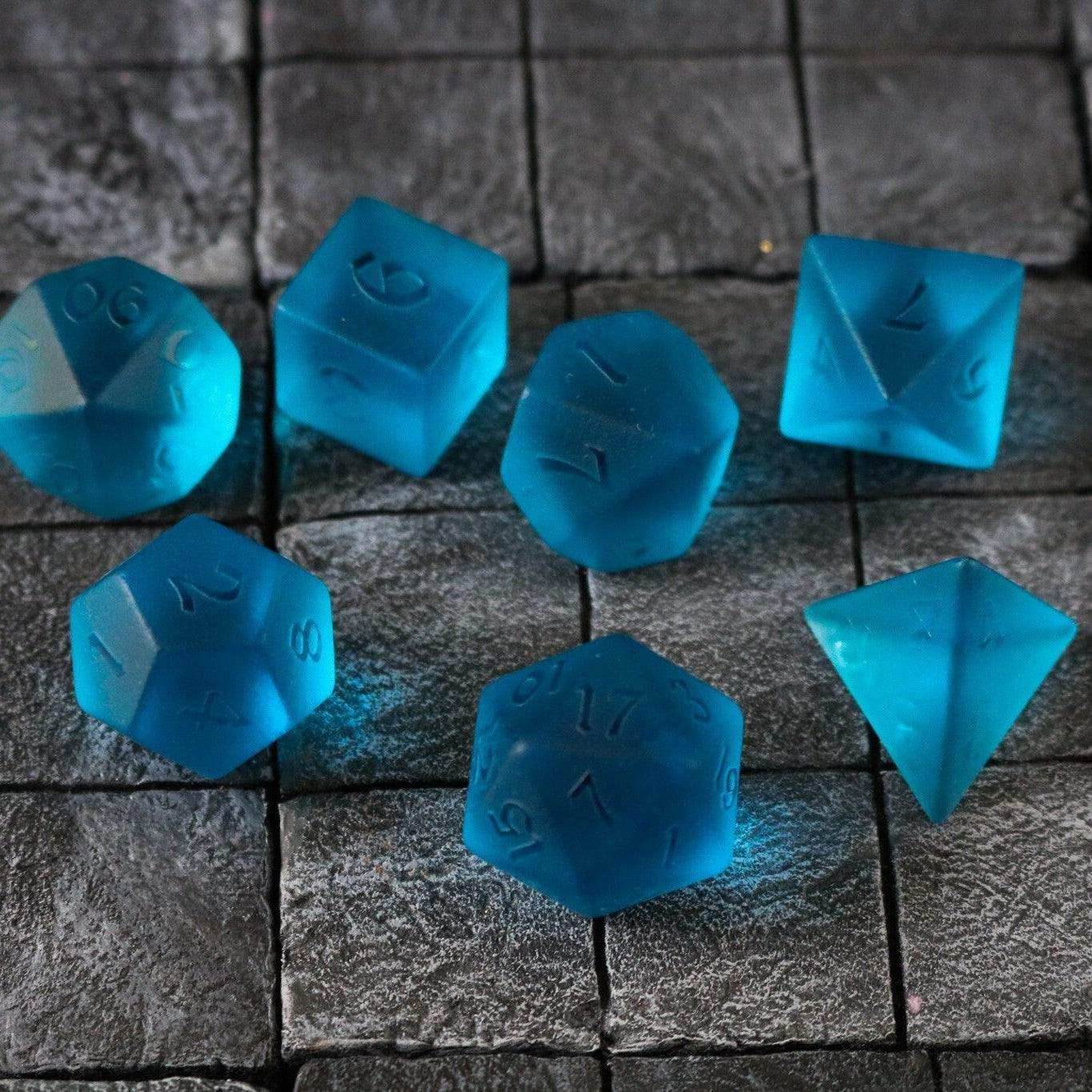 Blue Zircon Hand Carved Glass DND Dice Set - Full Set and Free Dice Box