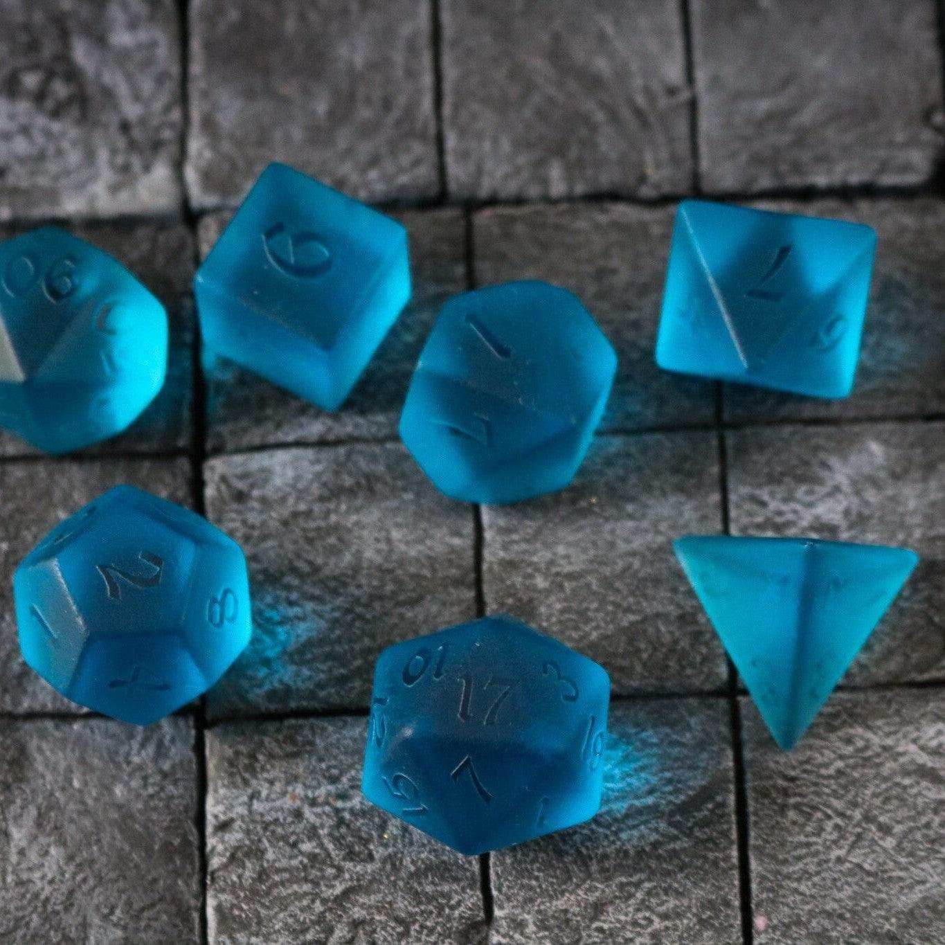 Blue Zircon Hand Carved Glass DND Dice Set - Full Set and Free Dice Box
