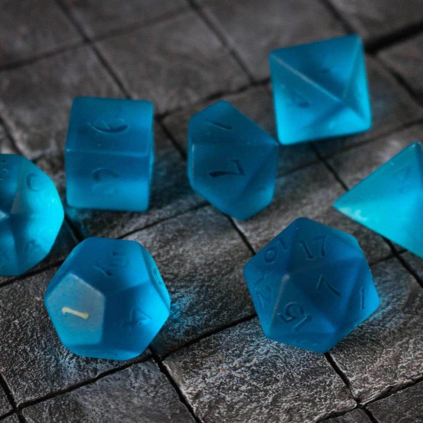 Blue Zircon Hand Carved Glass DND Dice Set - Full Set and Free Dice Box