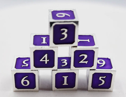 6 piece Metal D6's - Purple and Silver - 