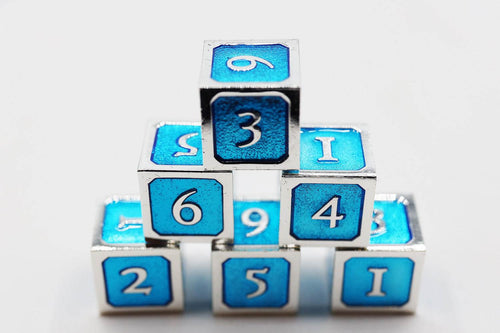 6 piece Metal D6's - Blue and Silver - 