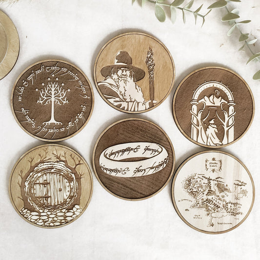 Set of 6 Lord of The Rings Wooden Coasters - Handmade Gift - Housewarming - Wood Kitchenware - LOTR