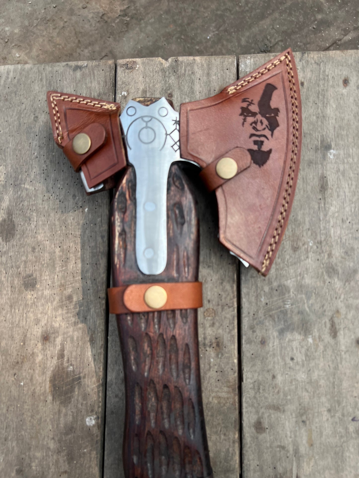 Hand Engraved Viking Double-Bit Axe with Carved Hardwood Handle and Norse Rune Detailing | Handmade Damascus Steel Collector Axe | JW SteelCrafts