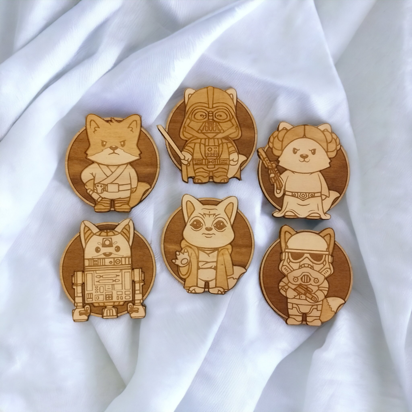 Set of 6 Star Wars Cat Wooden Coasters - Handmade Gift - Housewarming - Wood Kitchenware - Baby Yoda - The Mandalorian