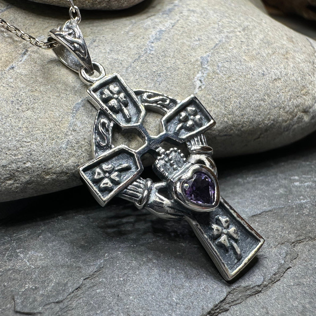 Irish Love Shamrock Claddagh Cross Necklace