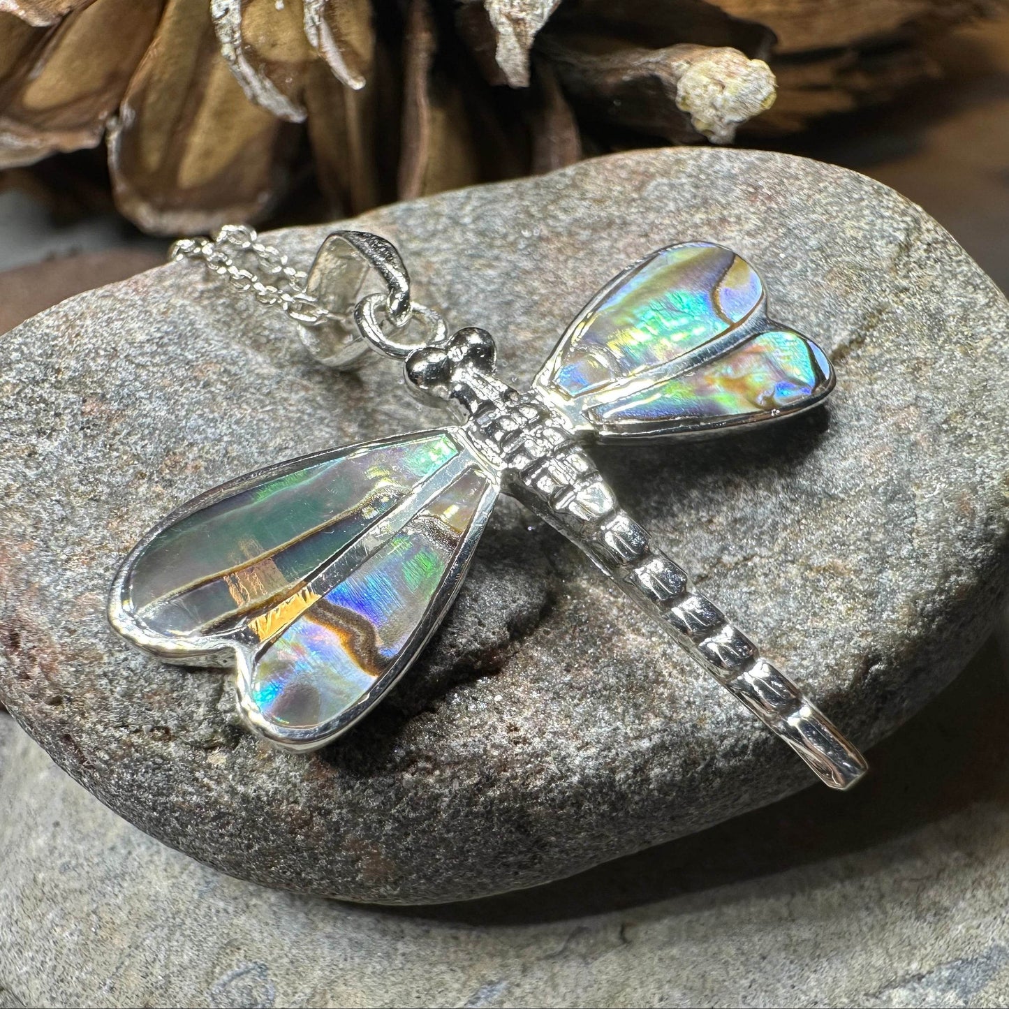 Shimmering Dragonfly Necklace - blue abalone shell